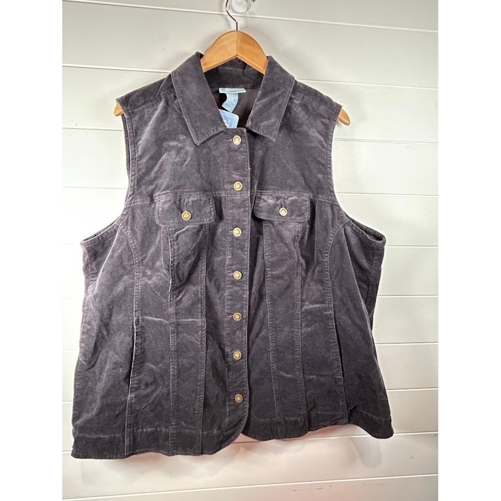 Liz & Me Plus Size Women 1X Corduroy Vest Dark Grey Button Front Pockets NEW